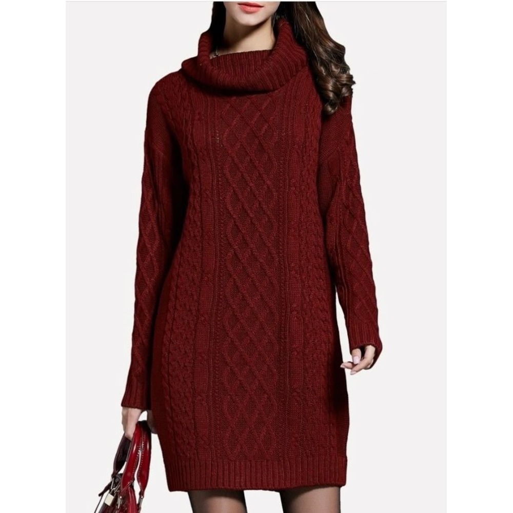 Banana Republic Women's Sz Large Sweater Dress Cowl Neck Burgundy Cableknit Wool